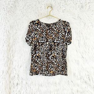 Talbots Petite Leopard Print Notch-Neck Puff-Sleeve Blouse Size S Multicolor